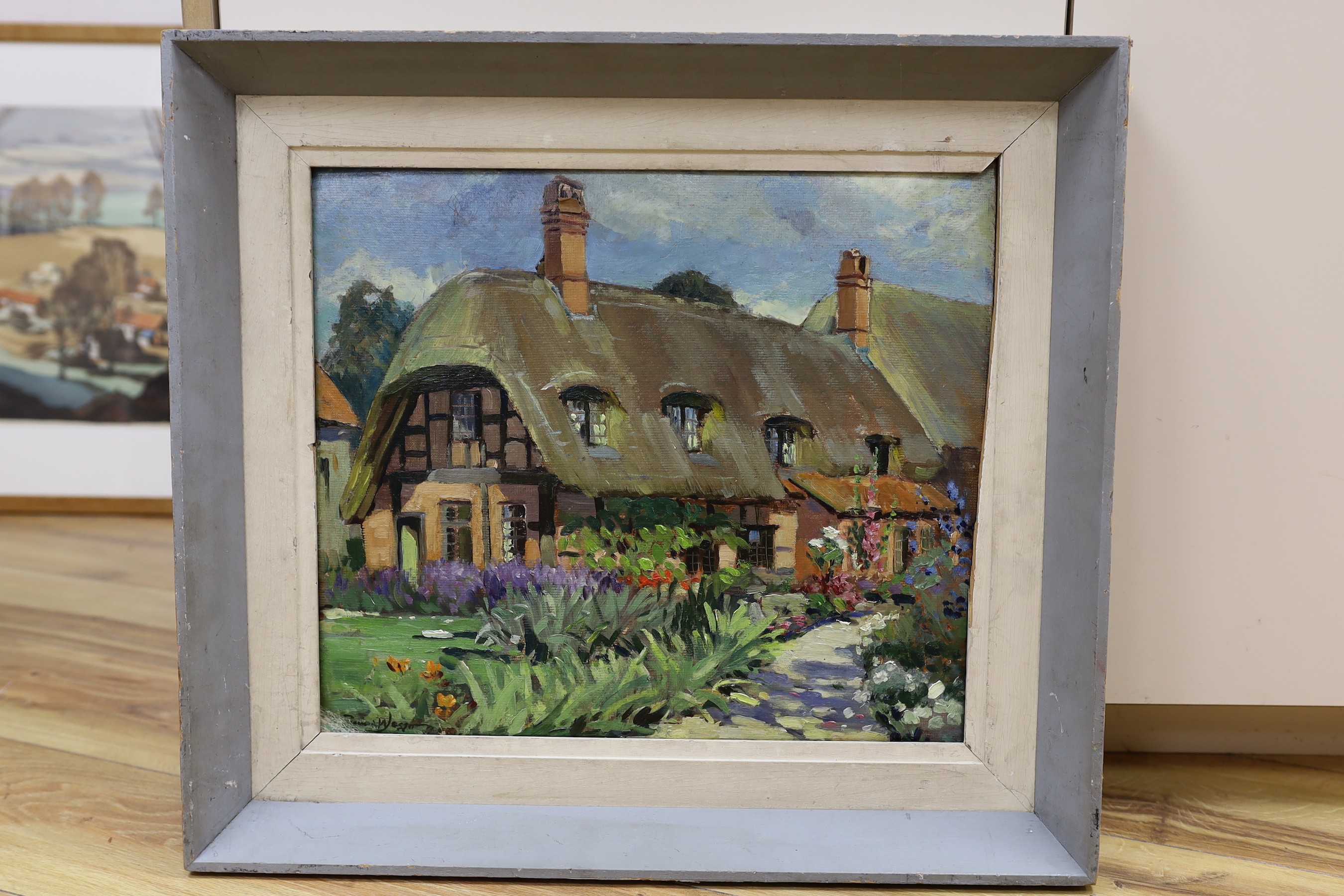 In the manner of Edward Wesson (1910-1983), oil on board, Thatched cottage and garden, signed, 34 x 39cm